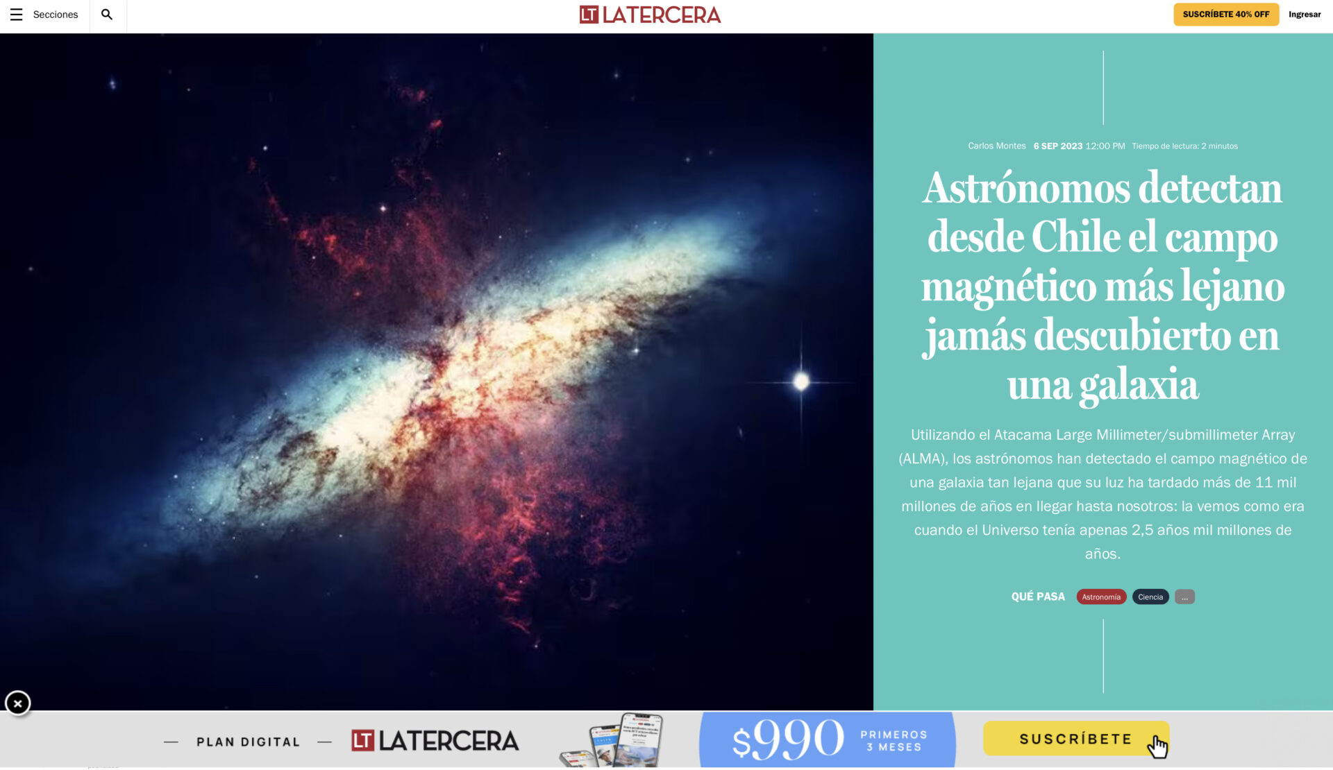 Astrónomos detectan desde Chile el campo magnético más lejano jamás descubierto en una galaxia